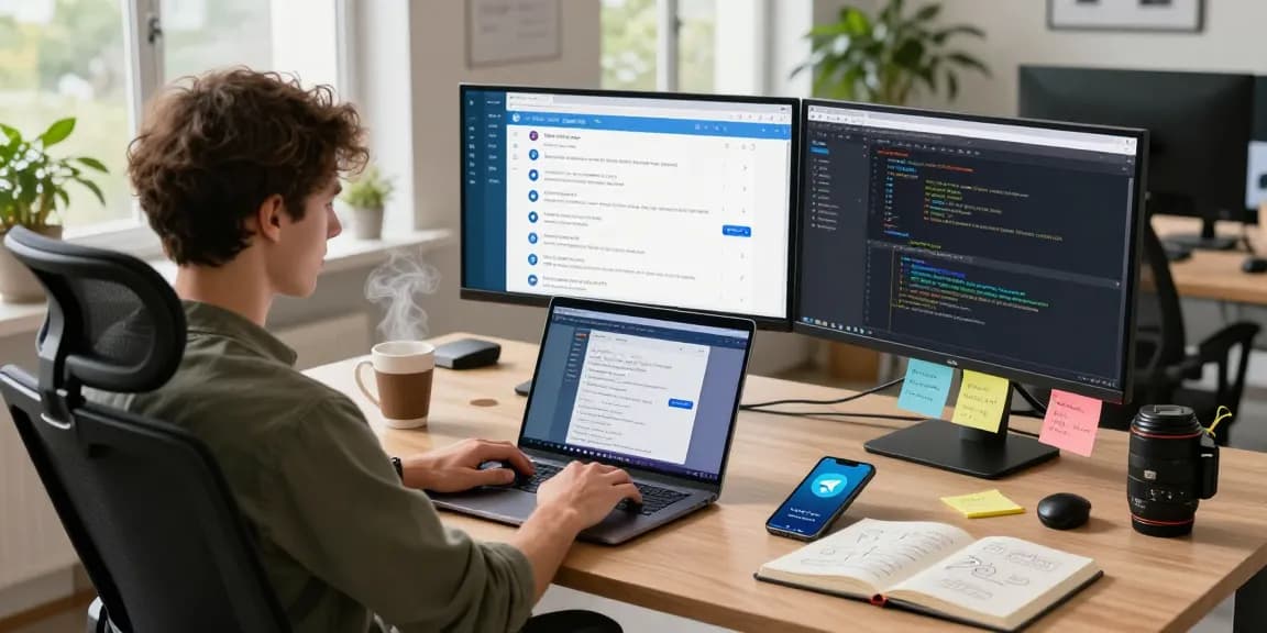 Focused developer engaging with Telegram Web Version in a modern office setup.