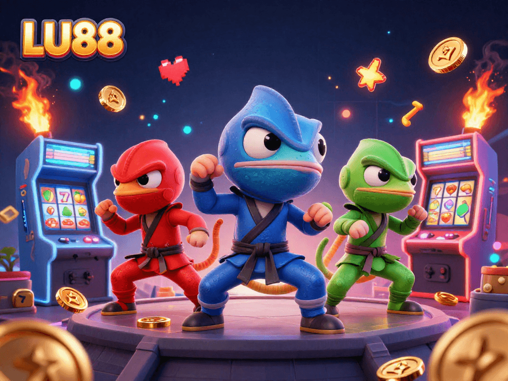 LU88 slot-themed illustration with ninja chameleons, arcade machines, and casino symbols