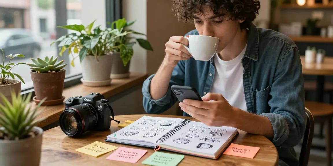 Youth in café exploring crush on romantic interests through notes and smartphone.