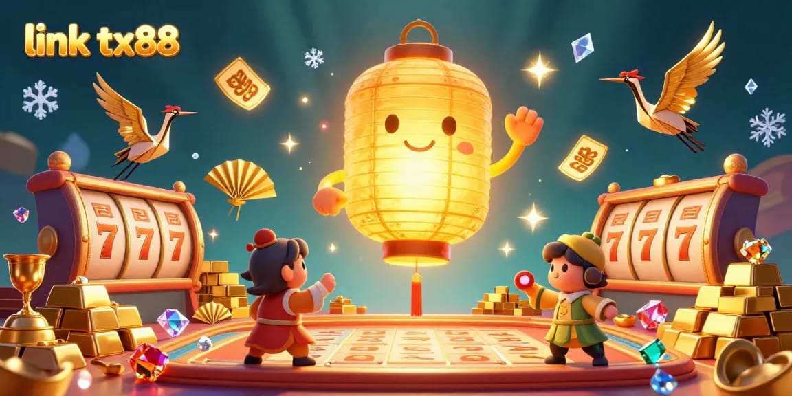 Immerse in the excitement of link tx88 as golden lantern spirits float above a dynamic casino scene.