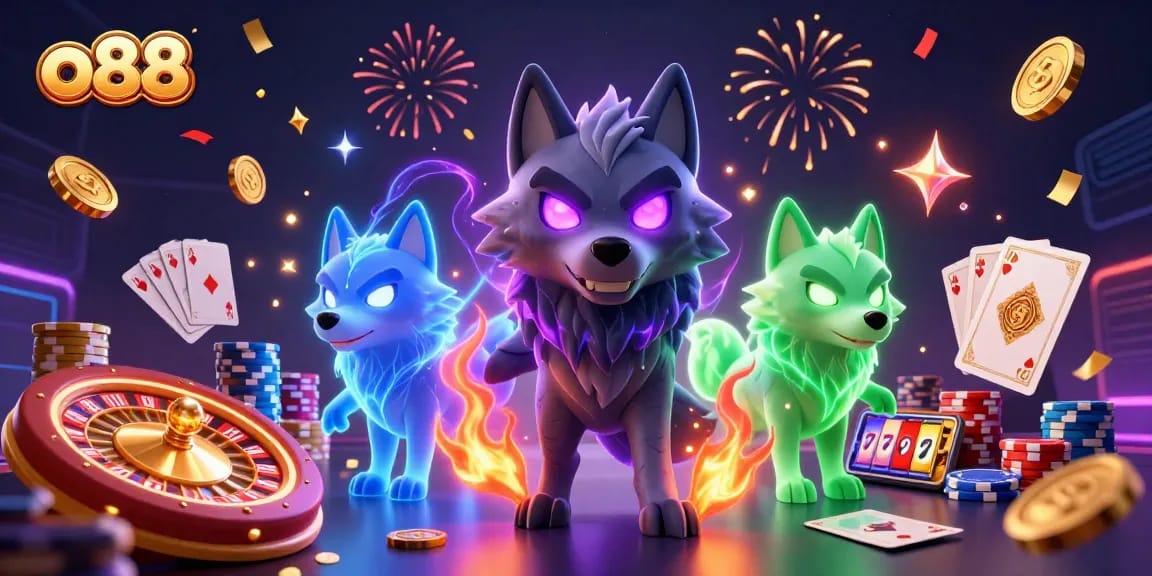 o88 experience the thrill of 3D casino gaming with dynamic wolves and vibrant elements