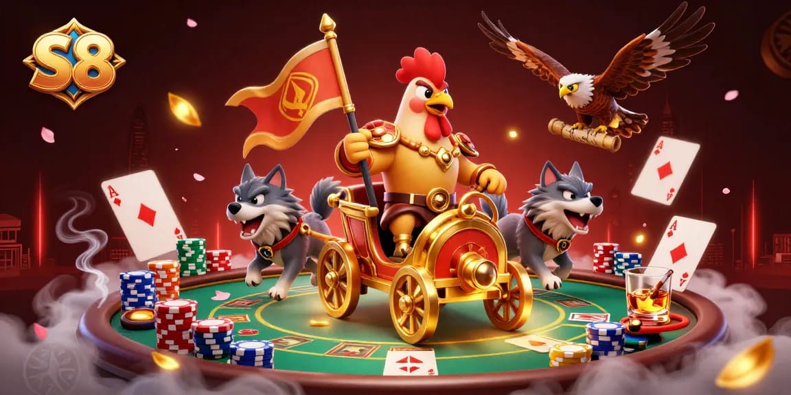 Experience the thrill of S8 gaming as the rooster warlord leads a vibrant poker scene filled with action.