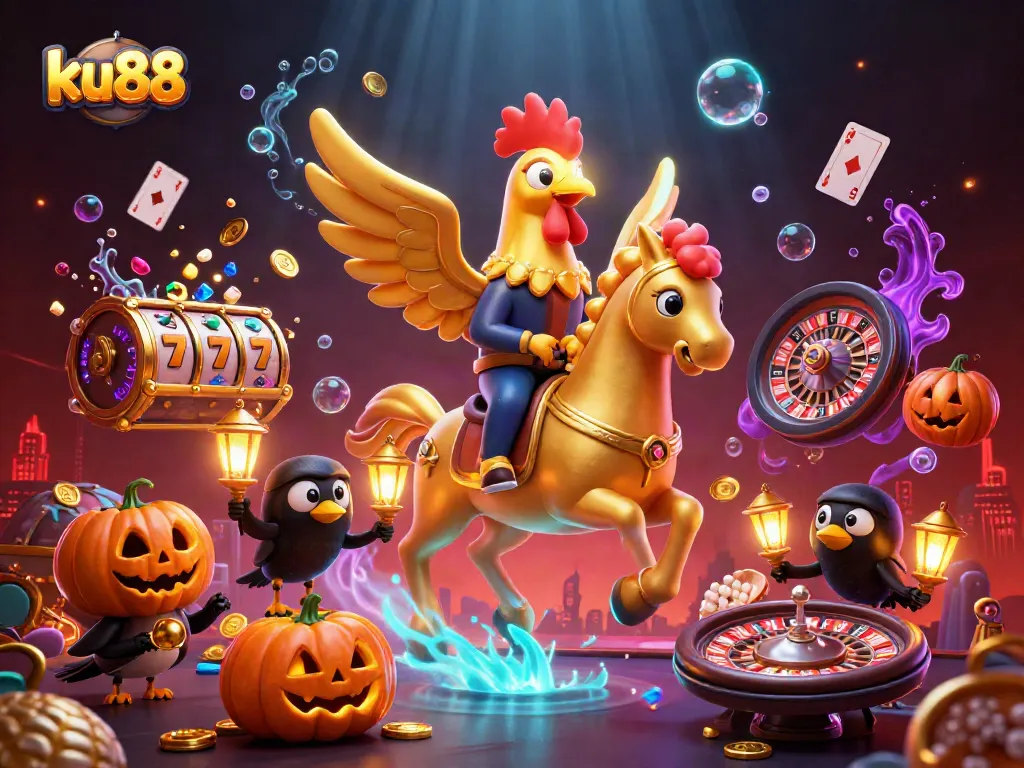 Experience thrilling gaming at ku88 with golden rooster characters and vibrant slot machines.