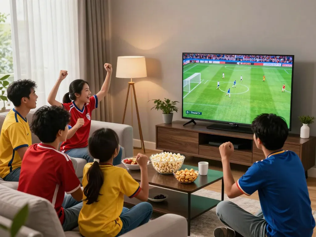 Fans enjoying a thrilling match on Thập Cẩm TV in a vibrant living room.