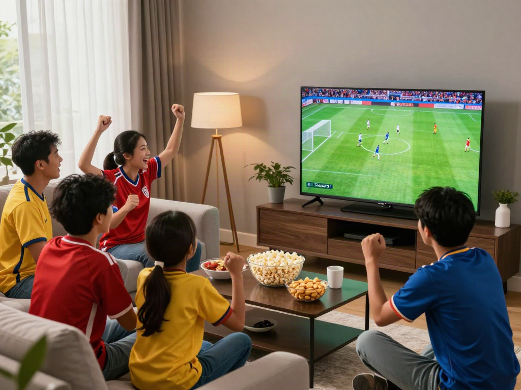 Fans enjoying a thrilling match on Thập Cẩm TV in a vibrant living room.