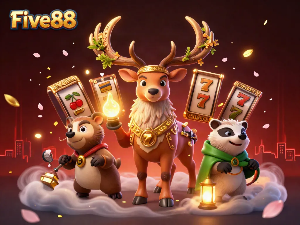 Experience thrilling wins at Five88 with lively 3D illustrations of a druid stag and gaming elements.