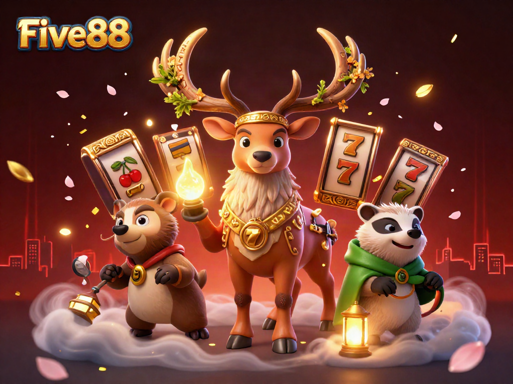 Experience thrilling wins at Five88 with lively 3D illustrations of a druid stag and gaming elements.
