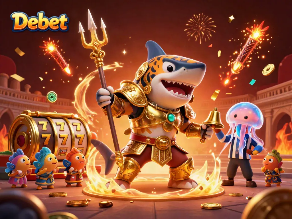 Experience thrilling gameplay at Debet with a vibrant 3D casino scene featuring dynamic slot elements and joyful characters.