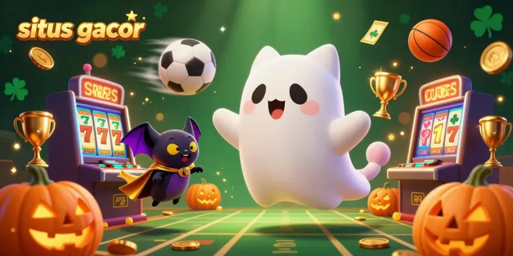 Experience situs gacor with the playful ghost cat and vampire bat in a lively casino scene filled with dynamic gaming elements.