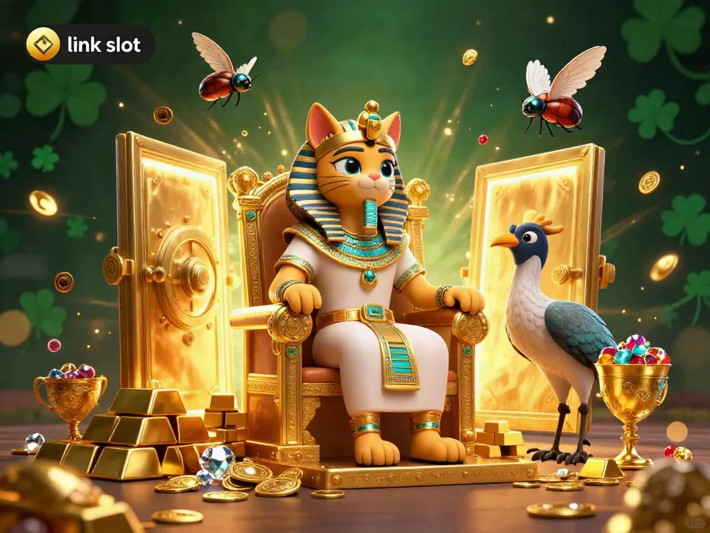 Experience an exciting link slot atmosphere with a pharaoh cat, treasures, and glowing gems.