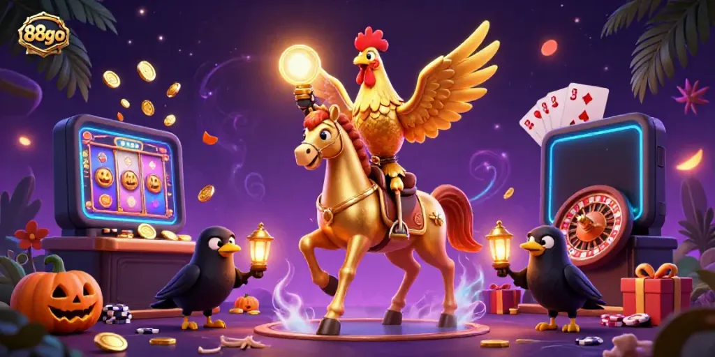 Experience thrilling moments with 88go as golden rooster rides through a magical casino.