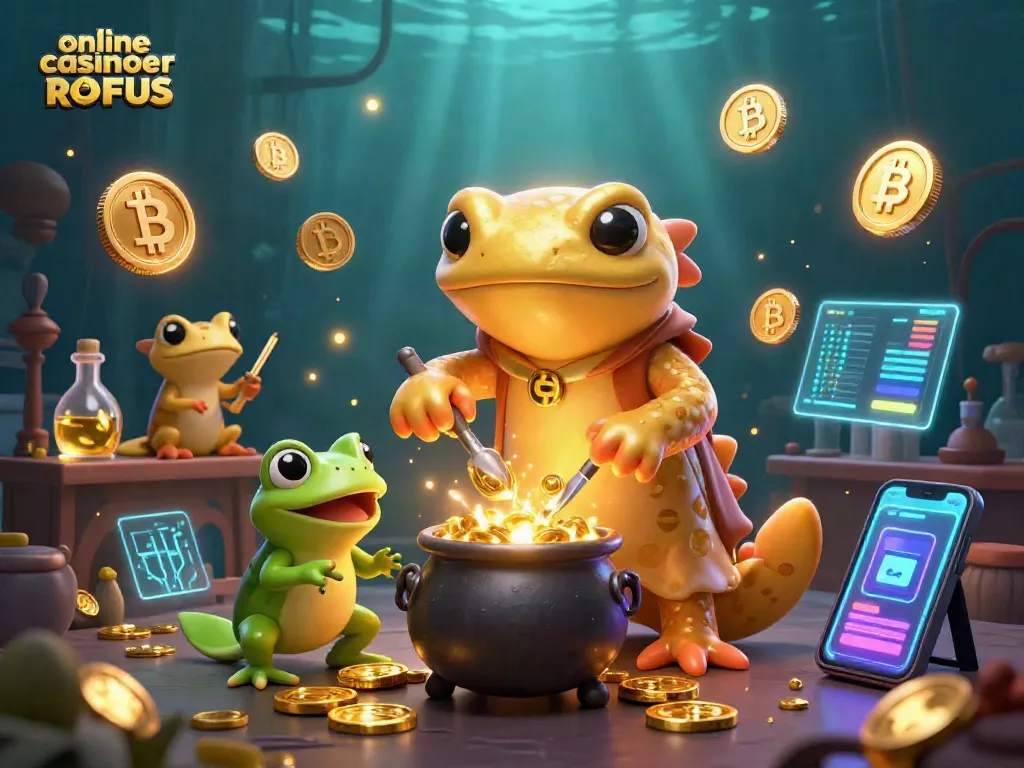 Engage with online casinoer uden ROFUS featuring golden alchemy, crypto elements, and a magical atmosphere.