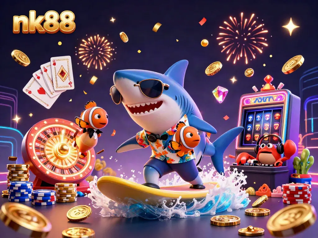 Experience thrilling moments at nk88 with a cartoon shark surfing on gold coins amidst casino elements.