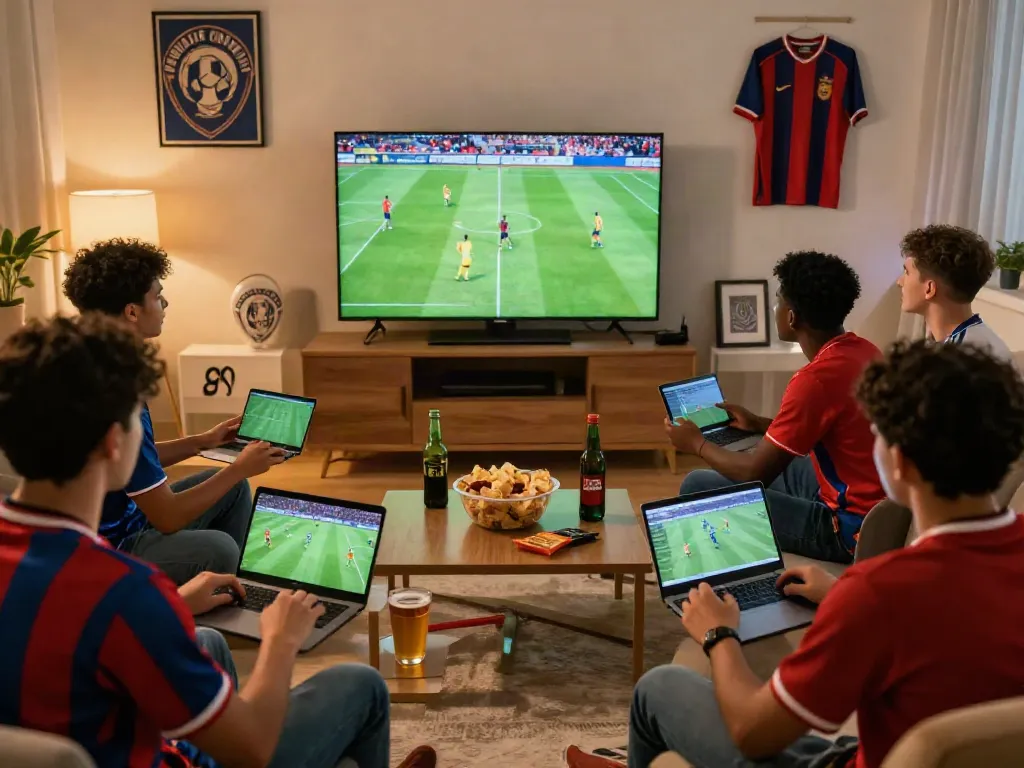 Excited fans watching cà khại tv live football in a cozy setting with high-definition screens.