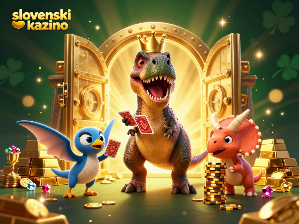 Uživajte v slovenski kazino akciji z zabavno ilustracijo T-Rexa in prijateljev pri igranju kart.