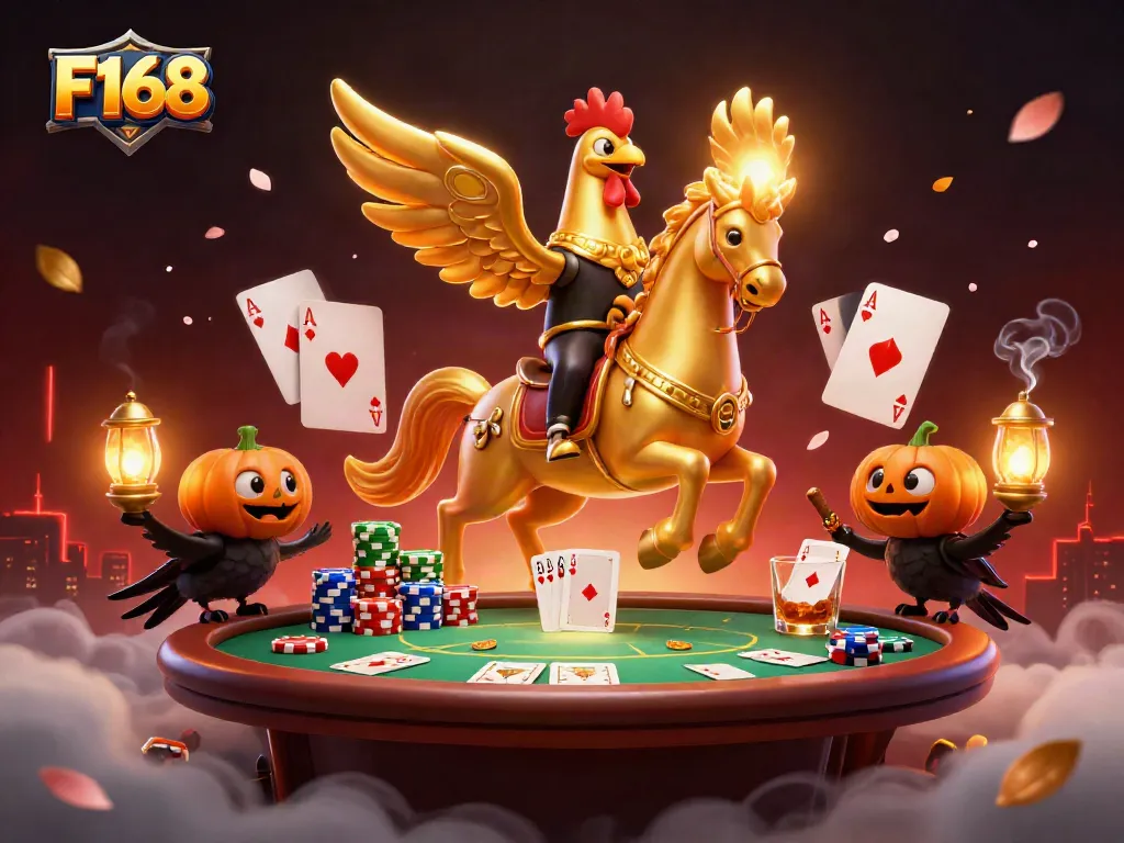 Betting with F168 in a vibrant casino scene filled with engaging characters and poker elements.
