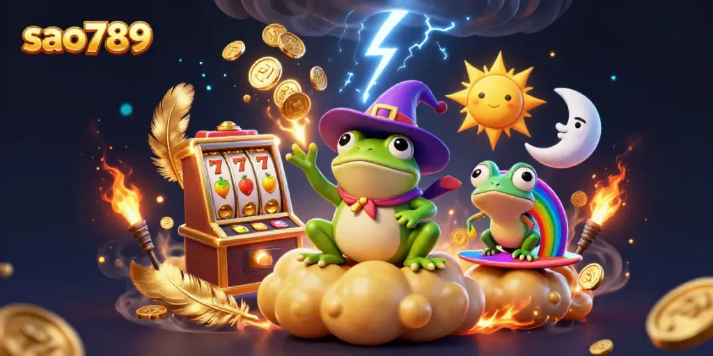 Engage in thrilling gaming action with sao789 as a wizard frog conjures gold coins amidst vibrant casino elements.