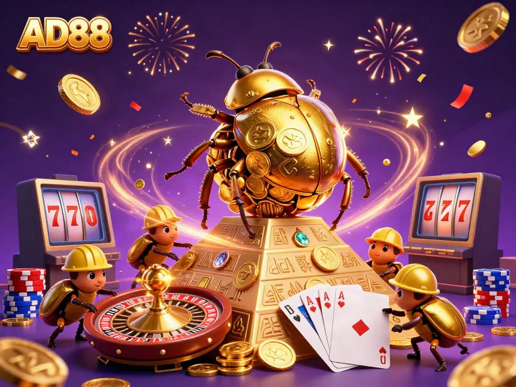 Experience the excitement of AD88 with golden beetles, coins, and casino symbols in a vibrant scene.