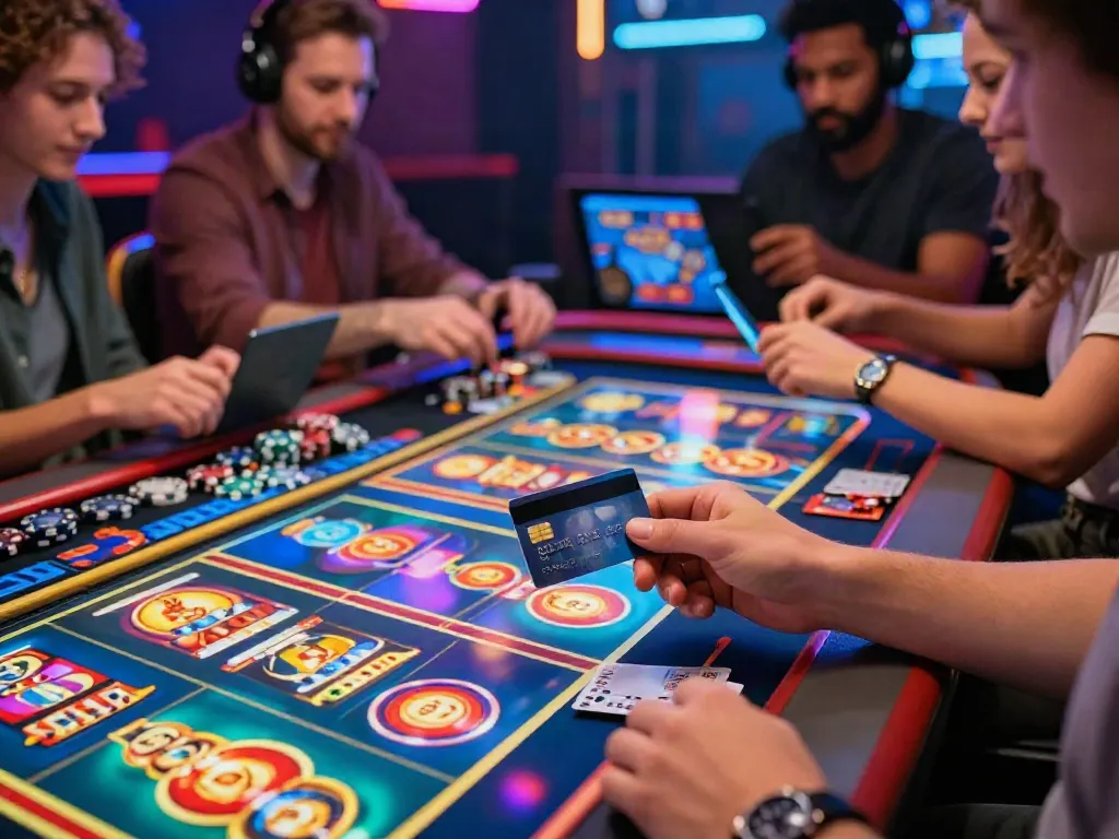Players engaging in online casinos that accept credit card, showcasing diverse games and vibrant atmosphere.