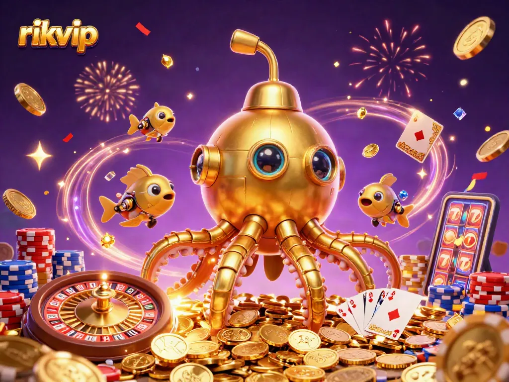 Engage with the rikvip theme through a rich 3D illustration of a golden kraken submarine amidst cascading coins and casino elements.