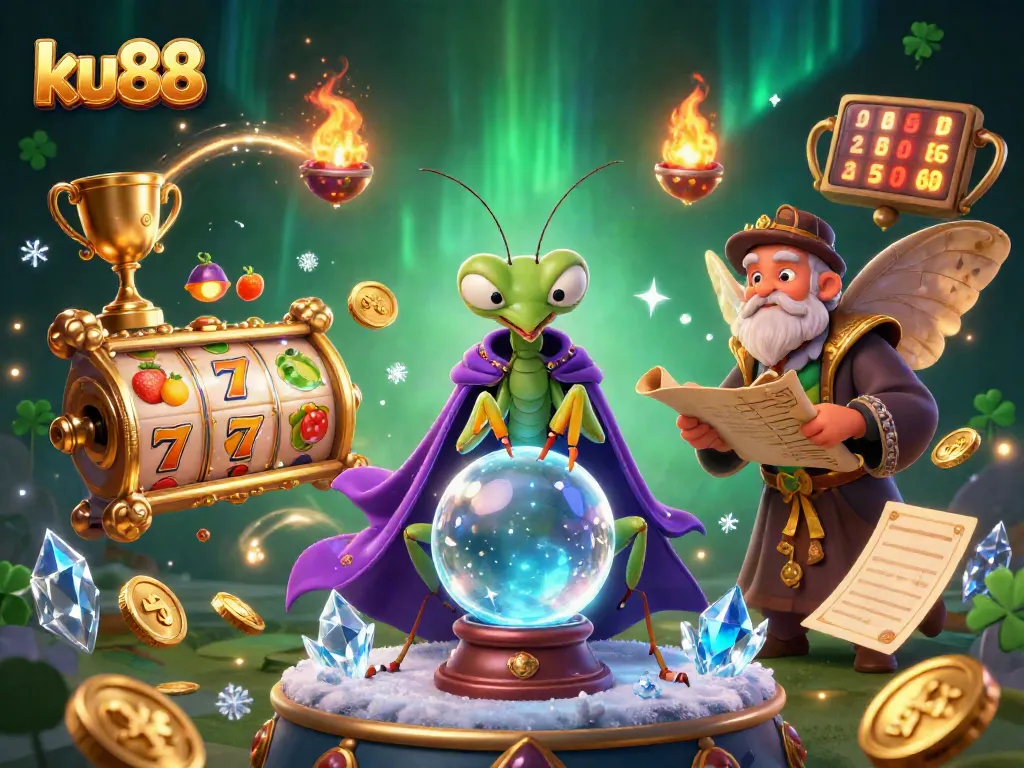 Experience thrilling gaming at ku88 with dynamic slot reels, fortune tellers, and golden accents.