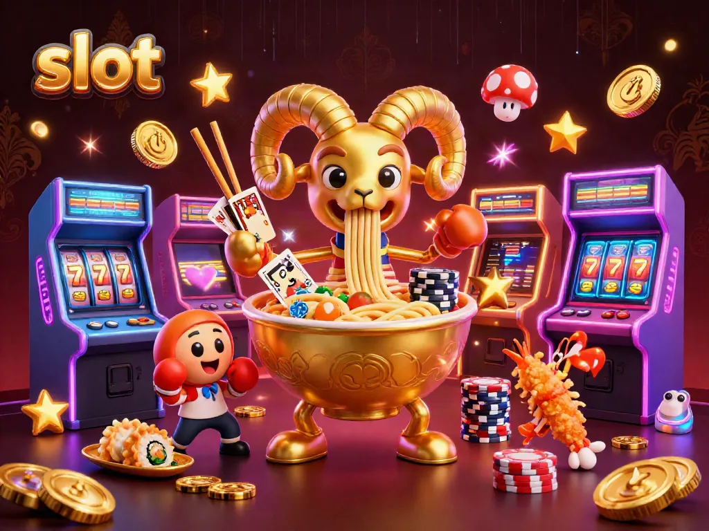 Stack jackpot and spin the slot reels in this vibrant 3D casino illustration featuring playful characters.