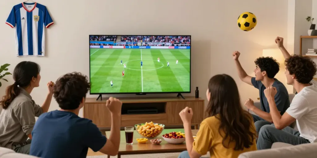 Friends enjoying a live football match on gà vàng tv in a cozy living room.