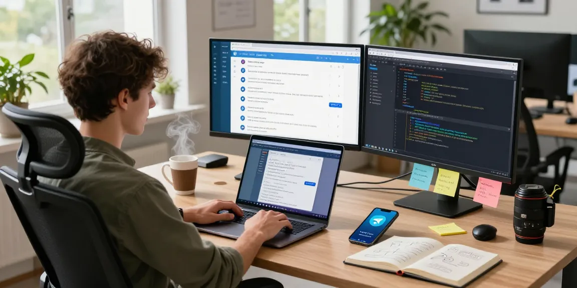 Focused developer engaging with Telegram Web Version in a modern office setup.