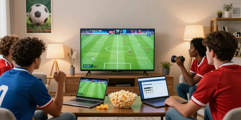 Fans engaging with gà vàng tv in a lively living room during a football match.