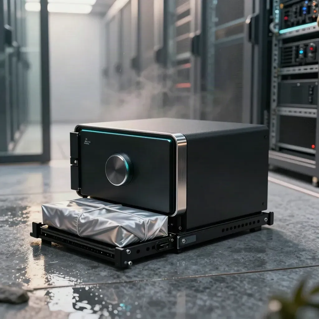 Sealed backup appliance bundle gliding across wet stone in a dim server corridor with cyan glow.