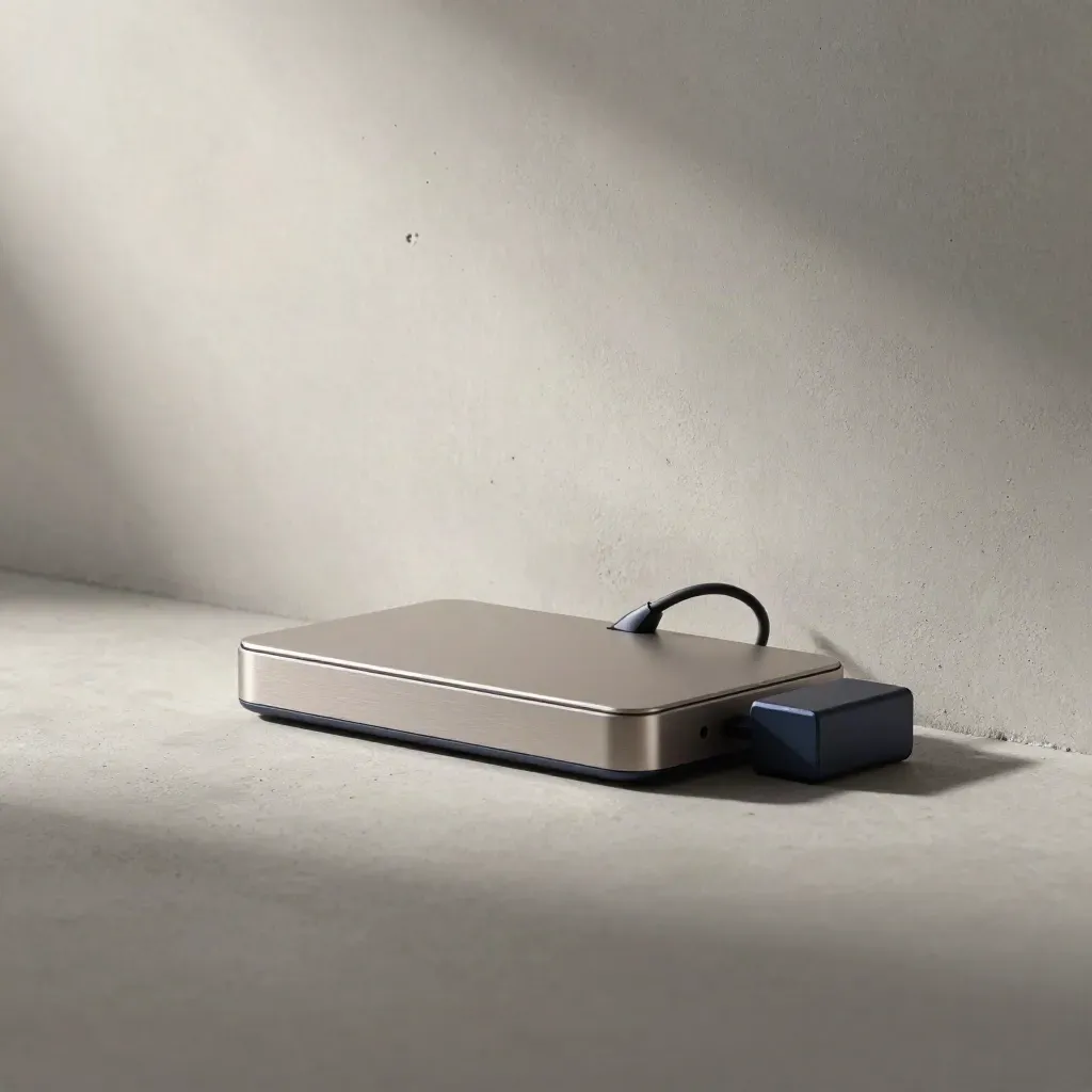 Workstation sync dock, SSD cradle, cable loop and power brick beside a concrete wall.