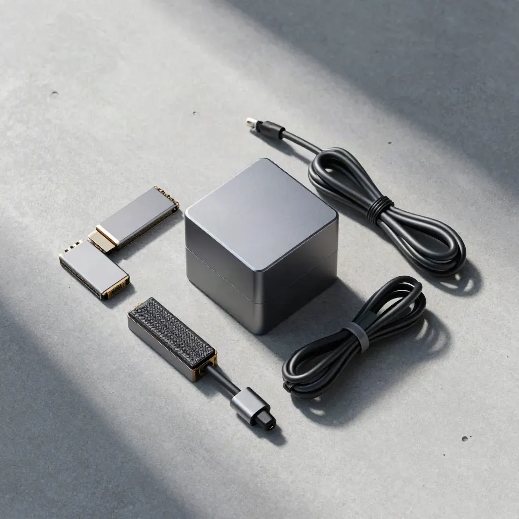 Overhead flatlay of a cloud-backup cube with two SSD pucks and coiled cable on concrete.