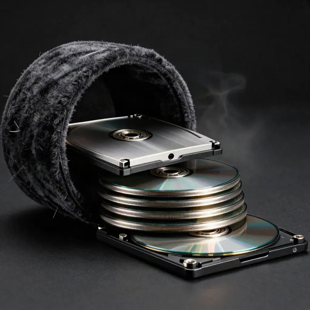 Version-restore cartridge stack spilling from dark fabric, silver discs glowing on a black studio floor.