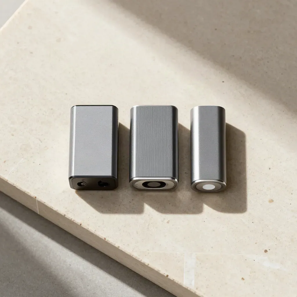 Overhead flatlay of a backup cube, drive pod and sync puck on pale travertine.
