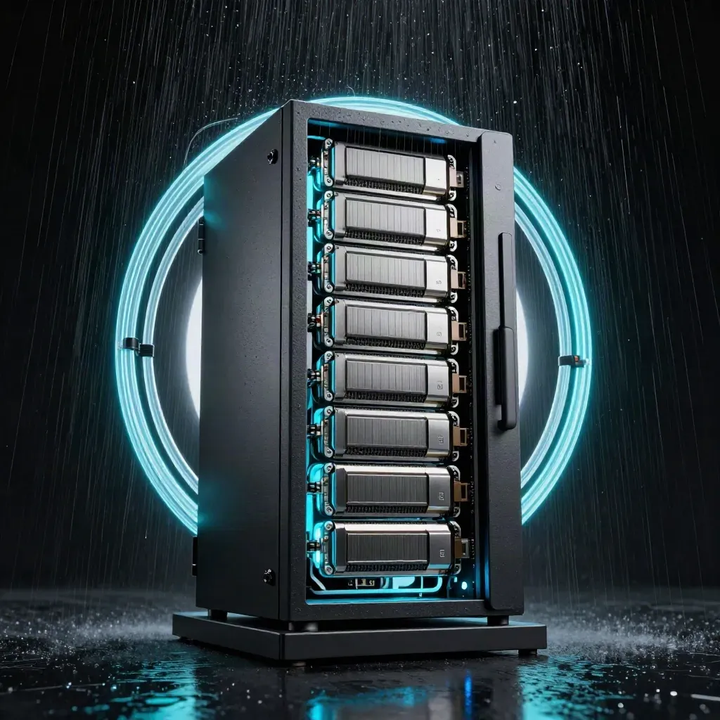 Luminous backup vault with drive cartridges bursting through rain spray in a dark studio.
