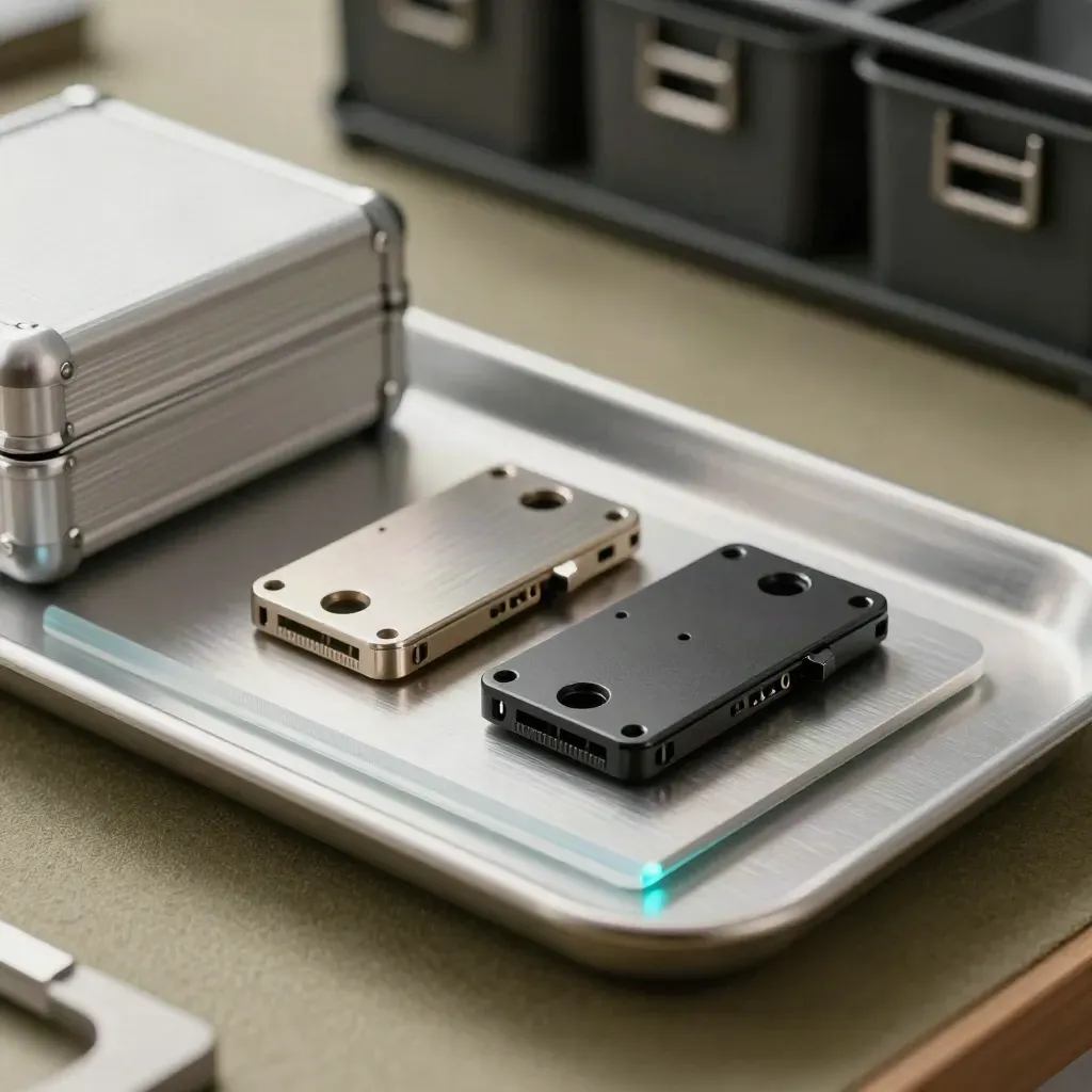 Macro of a sealed aluminium storage box half-open beside two data modules on a brushed metal tray.