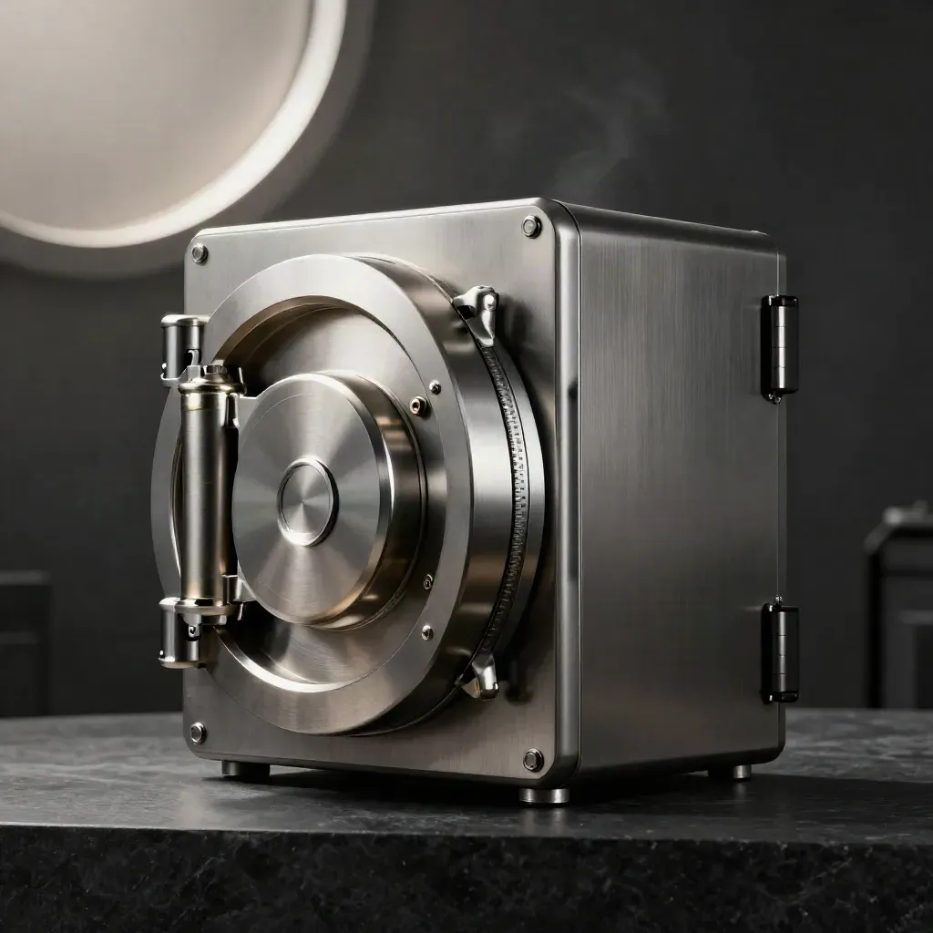 Graphite backup vault with two shielded cartridges on a black plinth in haze