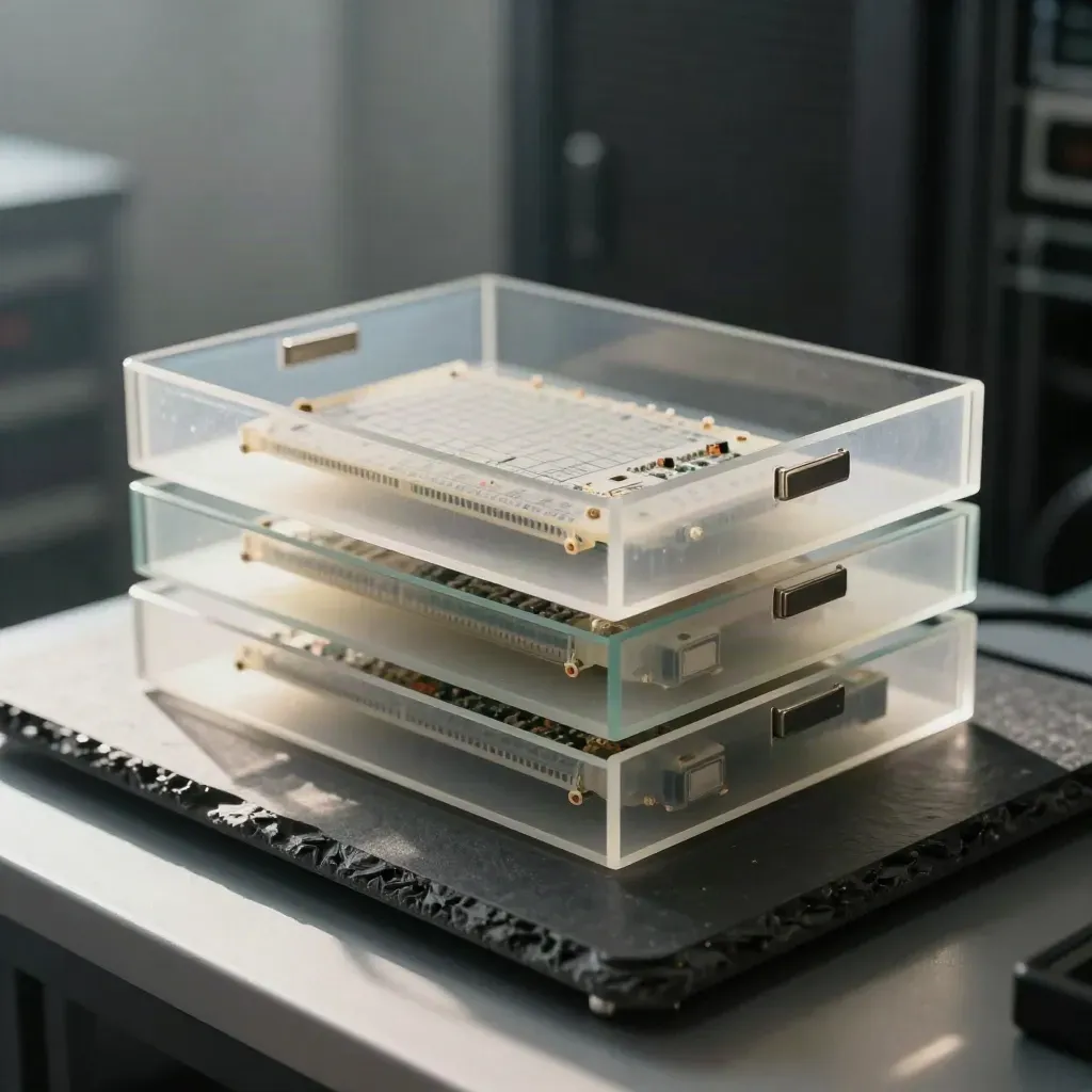 Translucent backup archive trays with a pulled module on a slate recovery bench, blue-tinged haze.