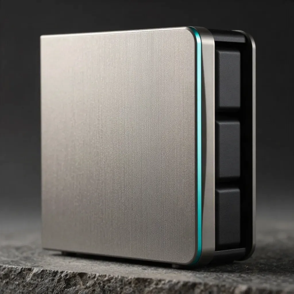 Extreme macro of a graphite storage cube with twin drive capsules and a cyan-lit polished edge.