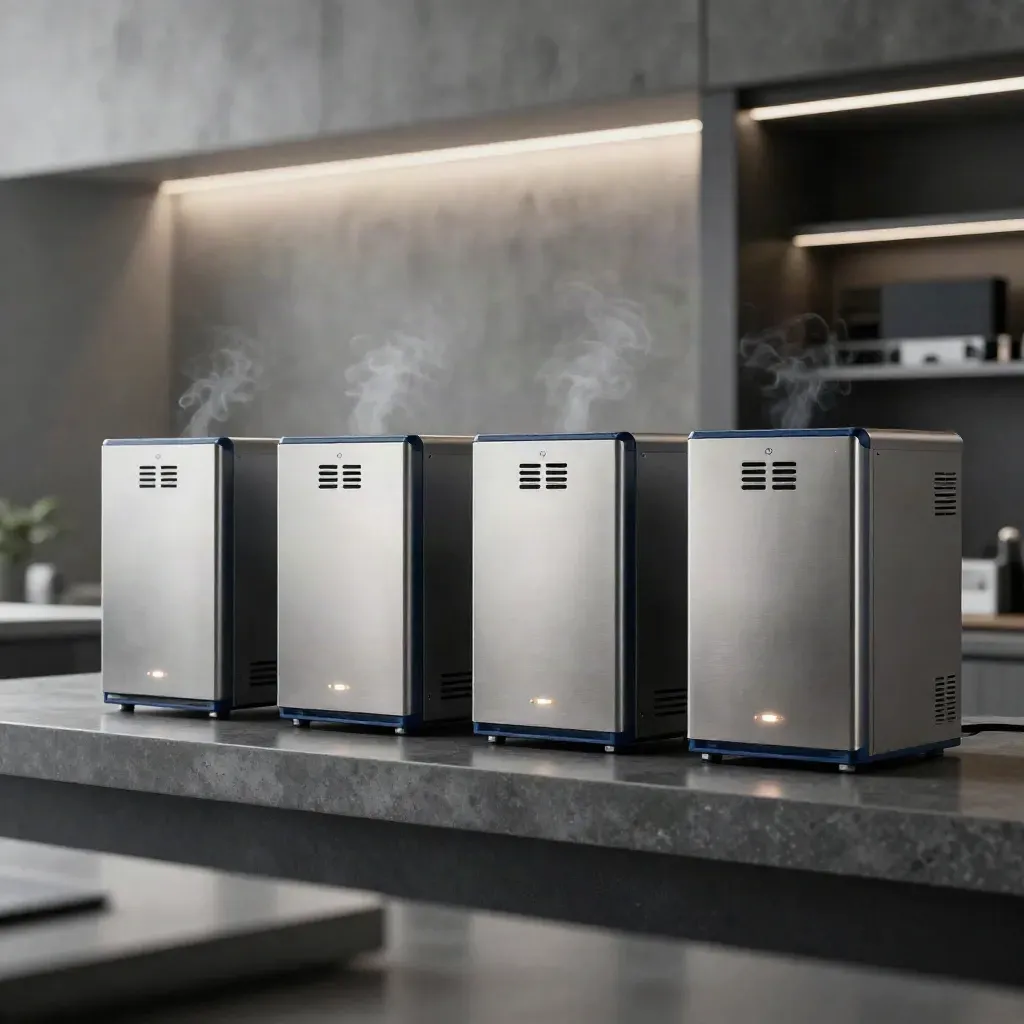 Four backup appliances on a graphite ledge with cool vapor in a dark tech alcove