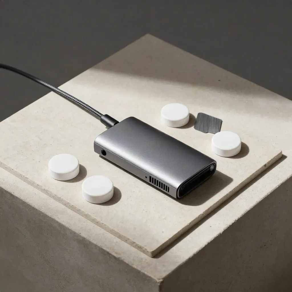 Overhead sync hub with three pucks and braided cable on pale concrete.