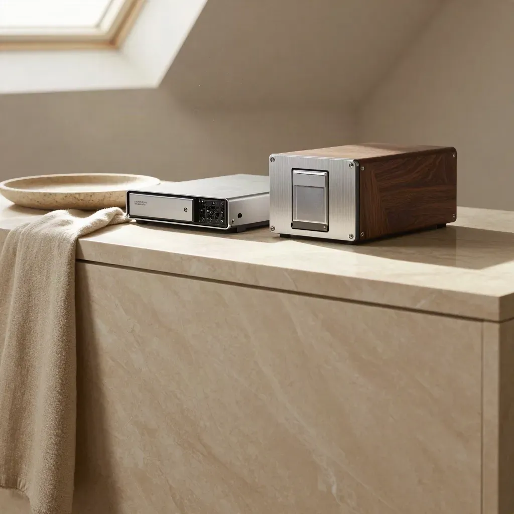 Marble archive surface with backup drives, stone tray, linen and soft sunlit shadow.