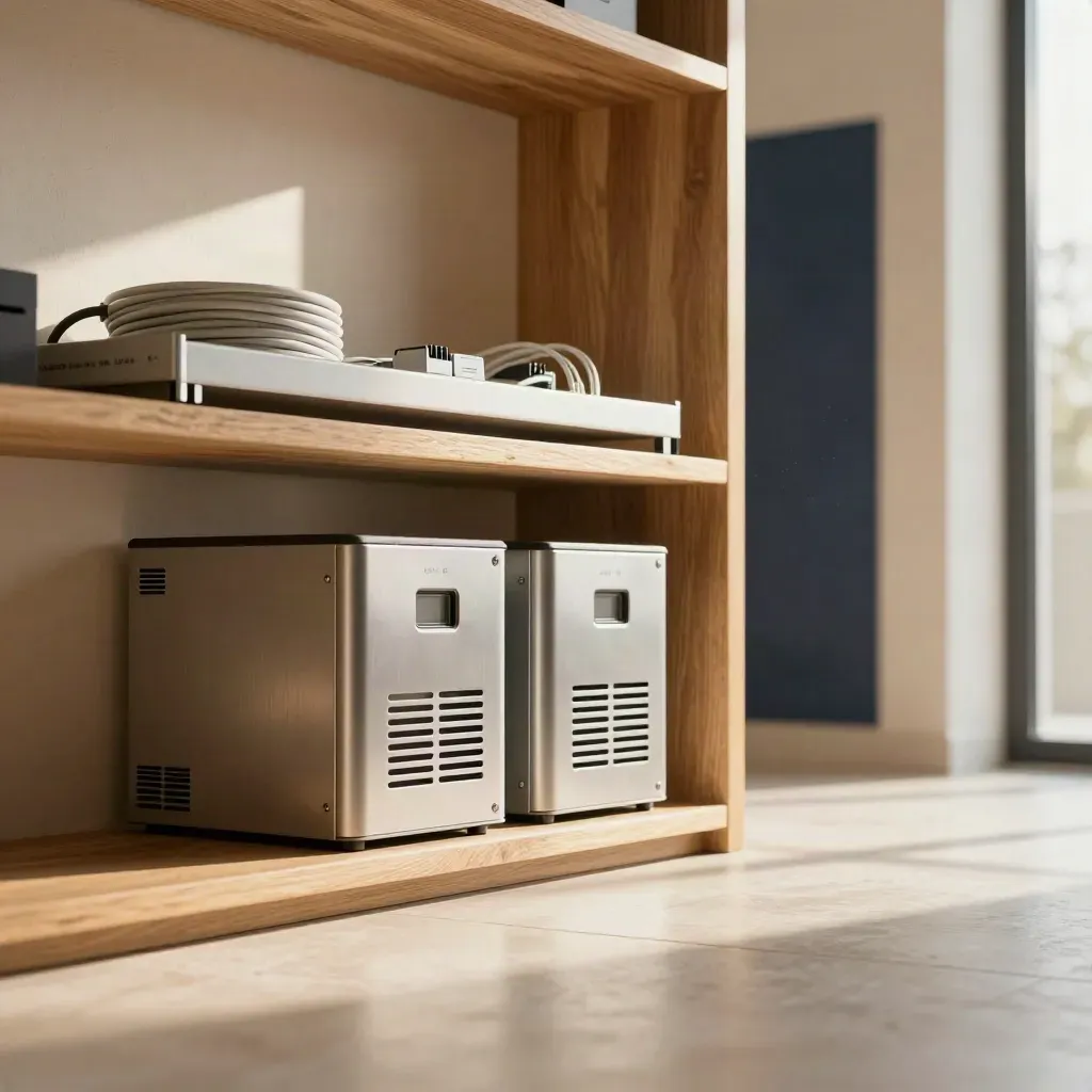 Backup appliances on oak shelving in a cream plaster corridor with warm window light.
