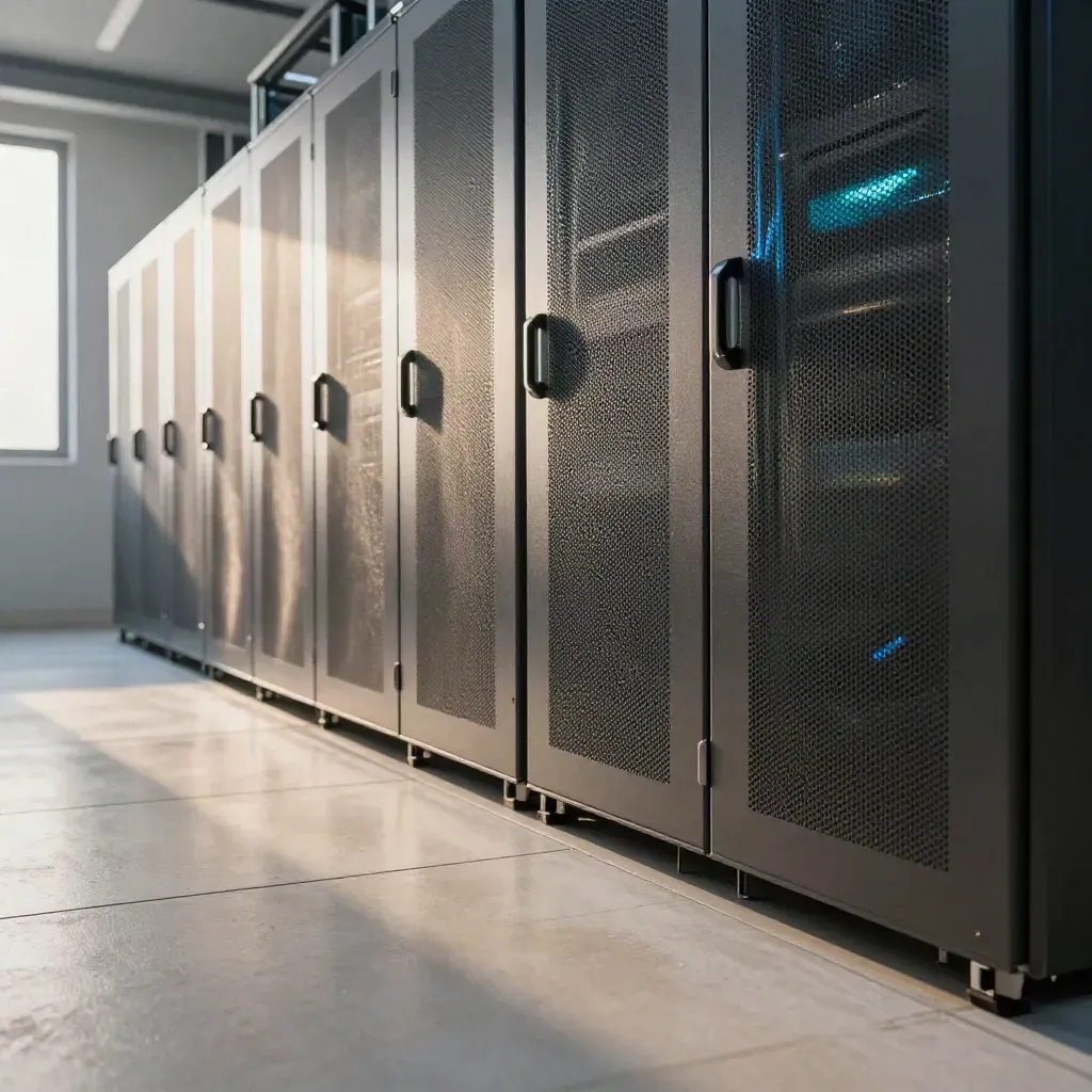 Brushed steel server corridor with blue status glow and calm copy space below.
