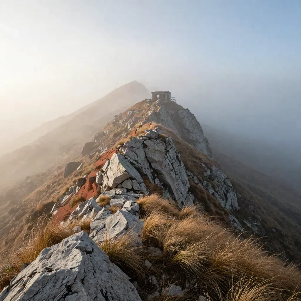 Foggy alpine ridge with grasses, mist, and a small utility building at sunrise.