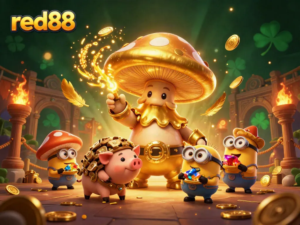 Experience thrilling magic at red88 with a golden mushroom wizard and vibrant casino elements.