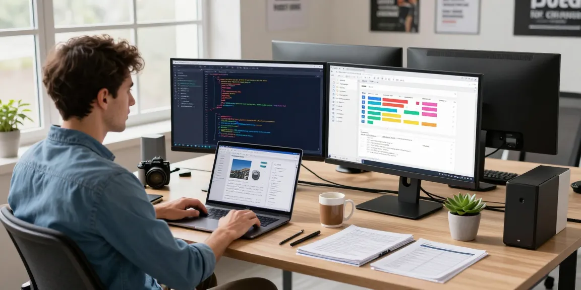 Developer working at modern office desk on WPS Official Website project, showcasing coding and productivity tools.