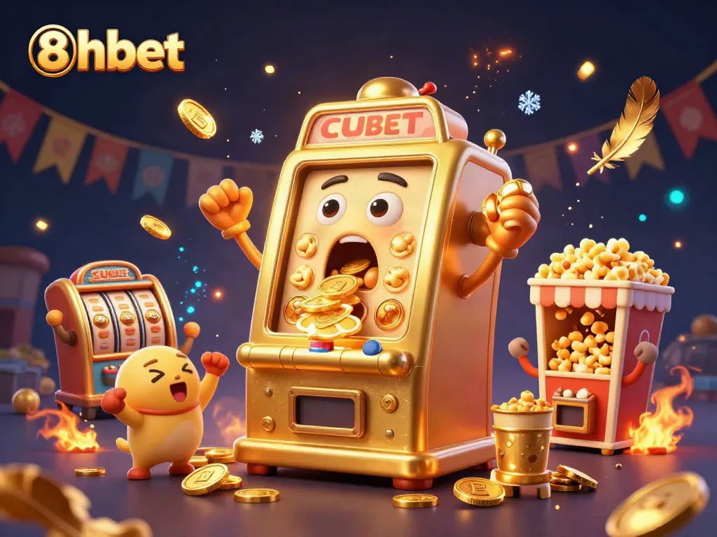 Experience thrilling wins with 8xbet as the golden slot machine hits the jackpot amidst gold coins and cheering companions.