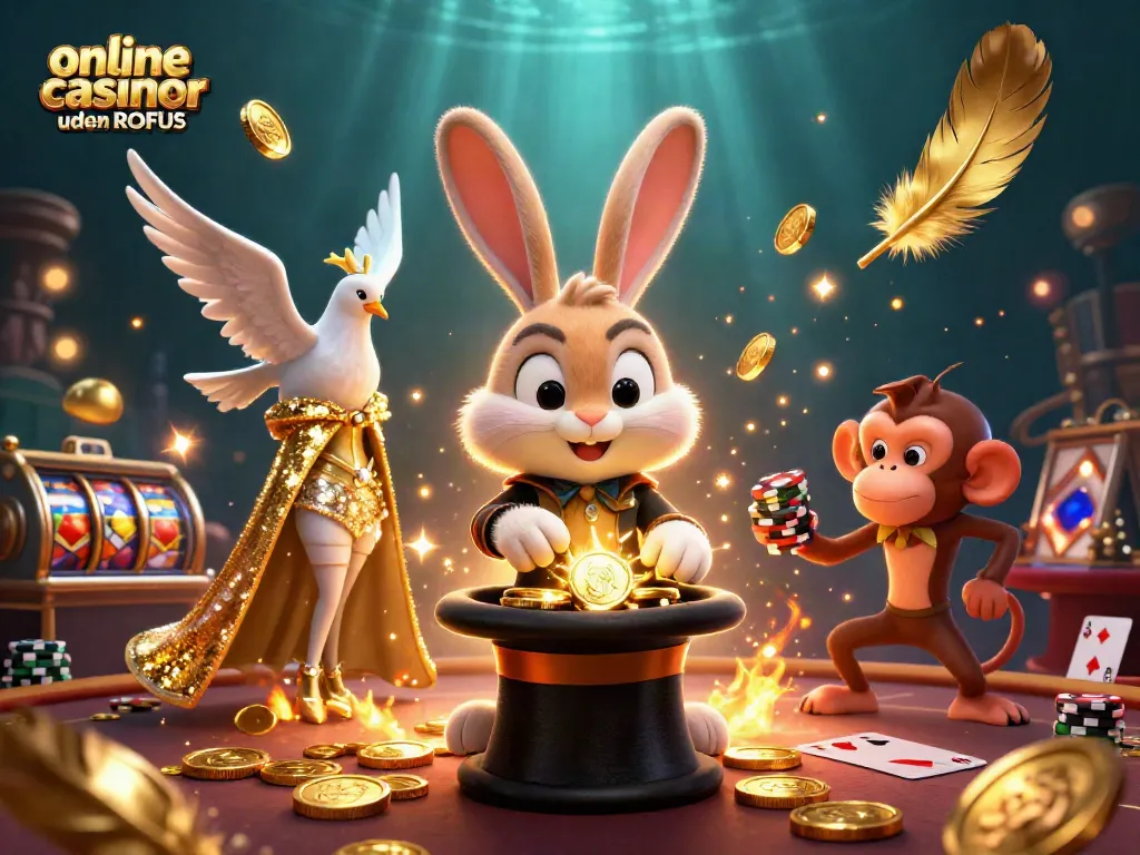 Engage with online casinoer uden ROFUS as a magician rabbit conjures coins and a monkey steals poker chips in vibrant 3D.