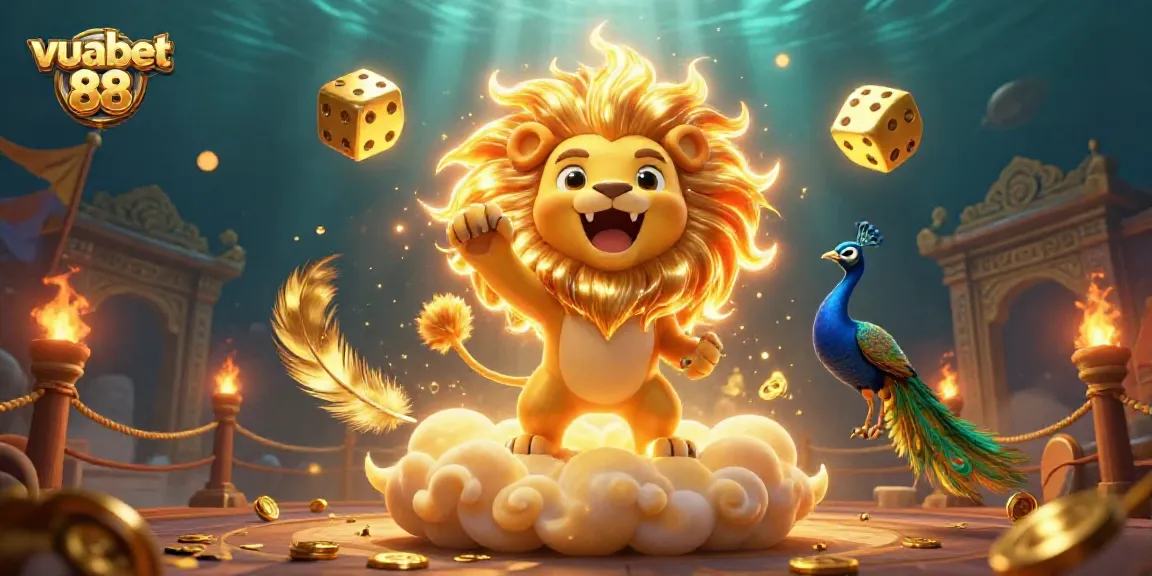 Experience the thrill of vuabet 88 with dynamic casino action amidst golden dice and roaring lion.